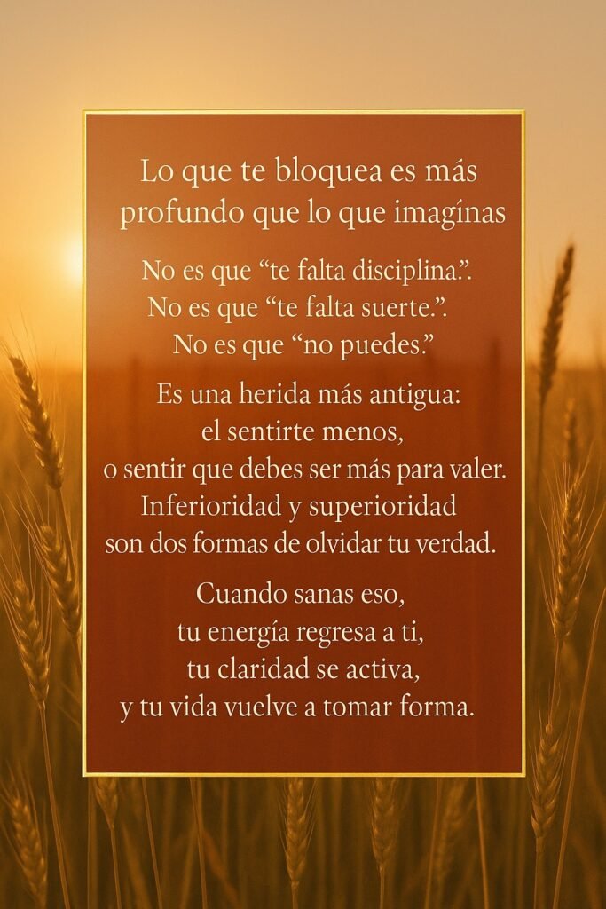 Mensaje terapéutico sobre sanar heridas profundas y recuperar claridad interior, en una imagen cálida al amanecer