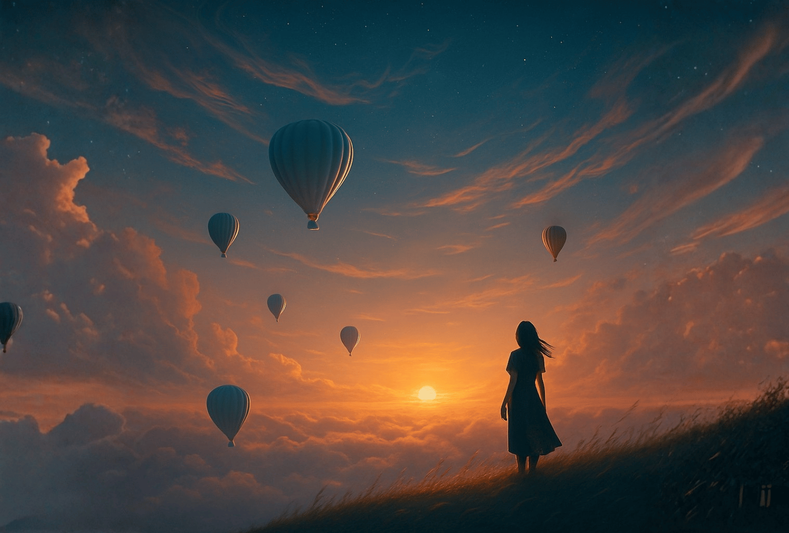 Silencio al atardecer con una mujer contemplando globos aerostáticos sobre un mar de nubes, símbolo de expansión, libertad y despertar interior.