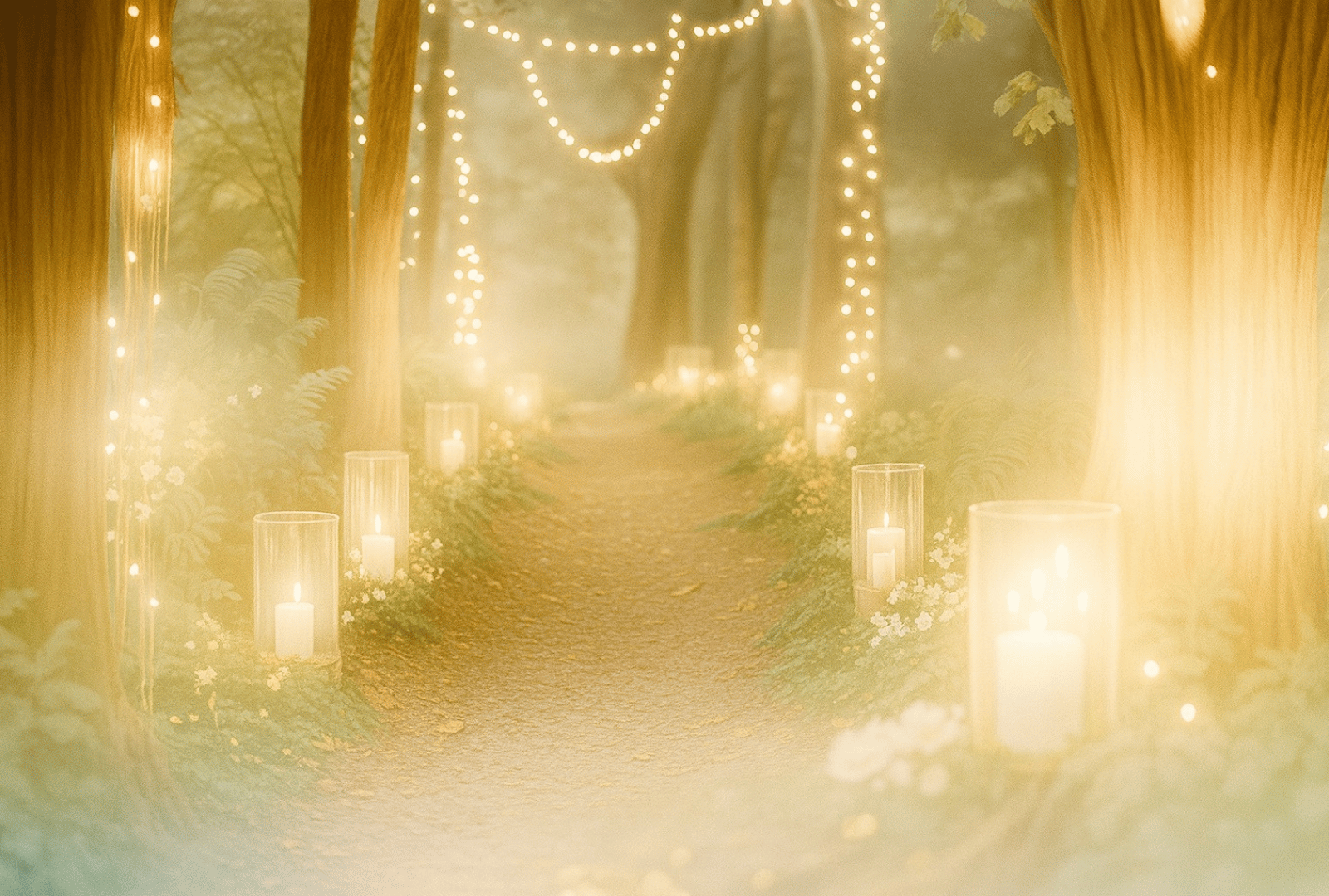 Sendero iluminado con luces cálidas entre árboles, simbolizando guía interior, sanación y el camino hacia una nueva claridad