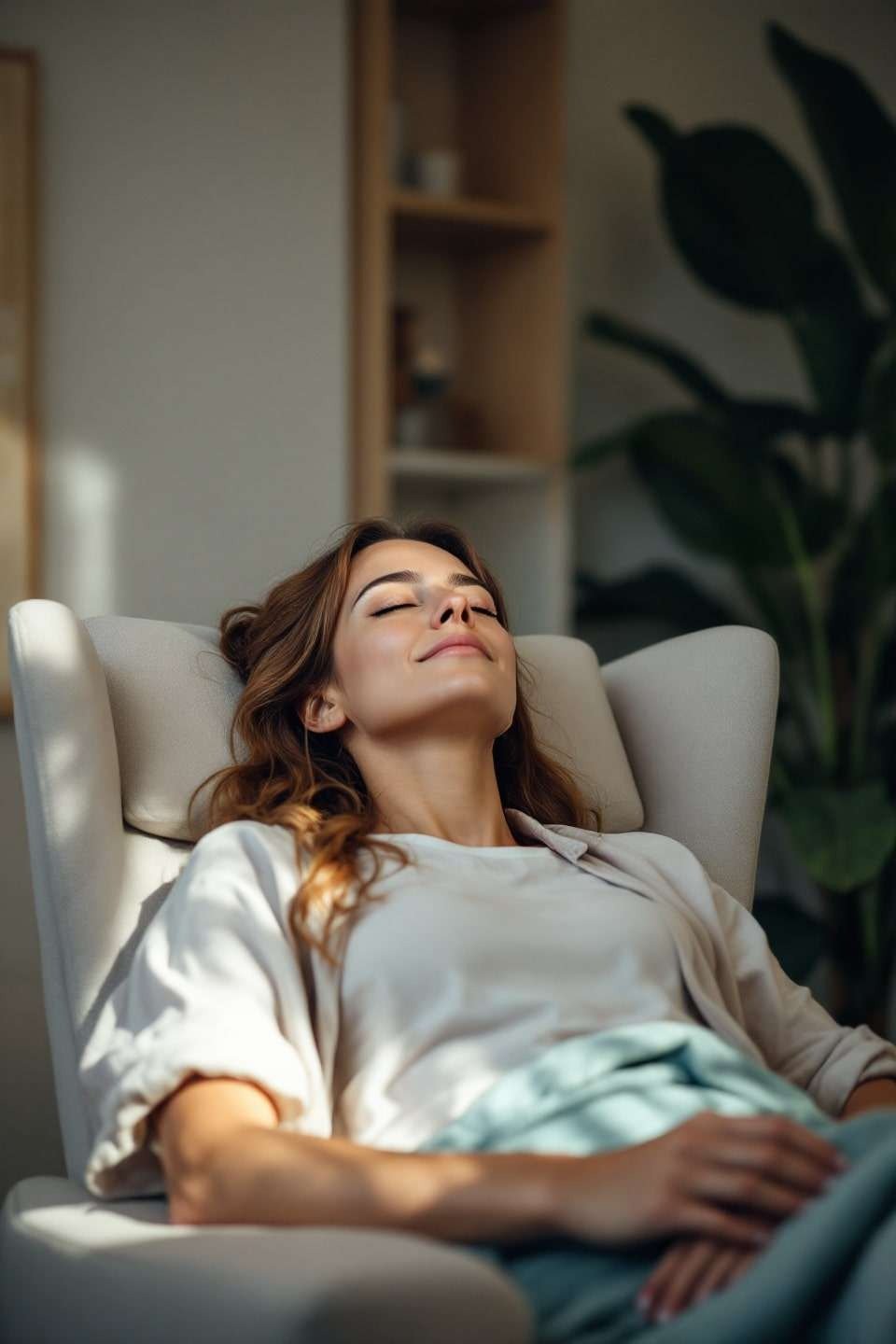 Mujer recostada con expresión de calma profunda, simbolizando relajación, liberación emocional y conexión interior.