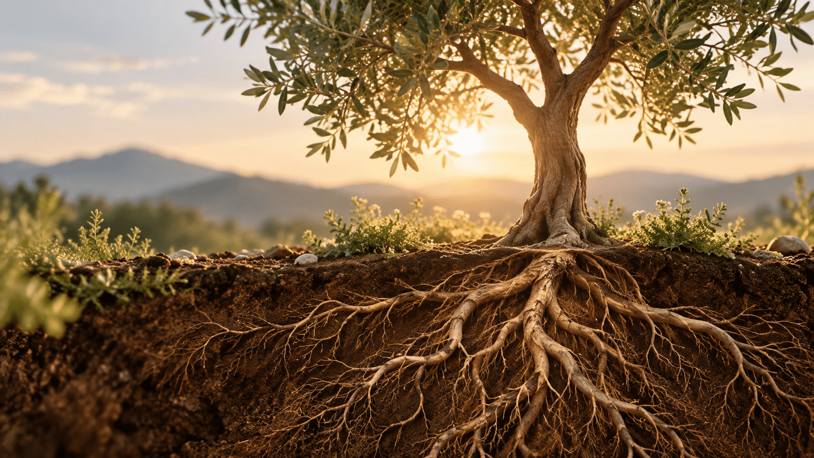 Deep roots representing childhood wounds and subconscious patterns